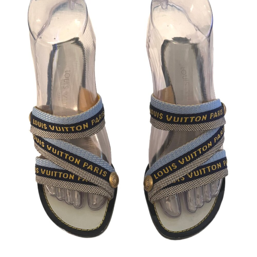 Louis Vuitton Paris Blue Canvas 3.5" Heeled Sandals Metal Logo Size 35/US size 5 - Picture 10 of 13
